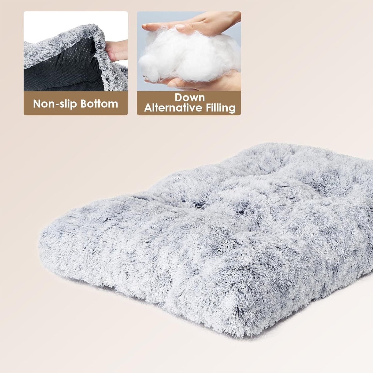 110 x 75 CM Winter Long Plush Dog Bed for Large Dogs - 10CM Thickened Fluffy Faux Fur Pad - Calming Anti Anxiety Pet Cushion with Non-Slip Bottom, Removable & Washable Heavy Duty Bedding, Grey 2XL Size