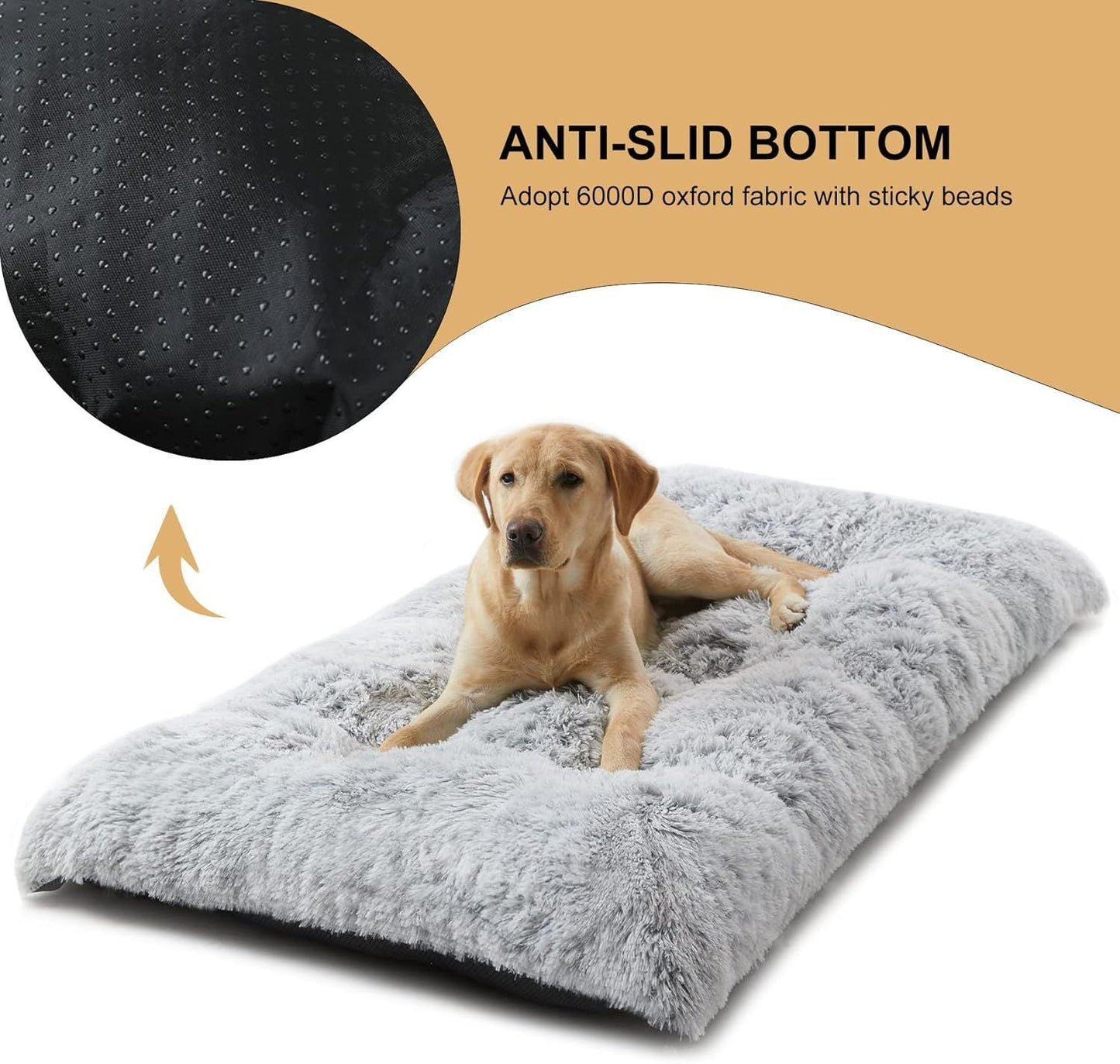 110 x 75 CM Winter Long Plush Dog Bed for Large Dogs - 10CM Thickened Fluffy Faux Fur Pad - Calming Anti Anxiety Pet Cushion with Non-Slip Bottom, Removable & Washable Heavy Duty Bedding, Grey 2XL Size