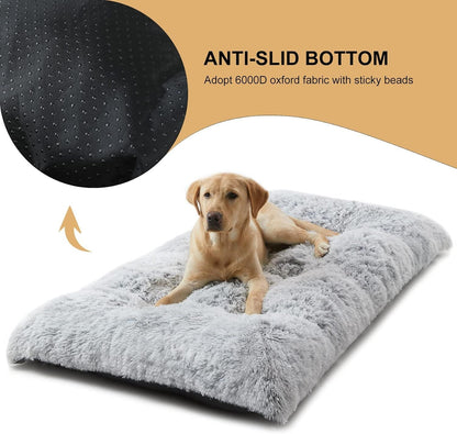 110 x 75 CM Winter Long Plush Dog Bed for Large Dogs - 10CM Thickened Fluffy Faux Fur Pad - Calming Anti Anxiety Pet Cushion with Non-Slip Bottom, Removable & Washable Heavy Duty Bedding, Grey 2XL Size