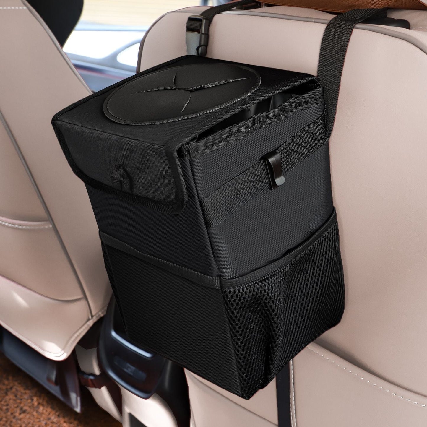 Waterproof Foldable Car Trash Can and Organiser with Dual Side Pockets & Odour Control Lid - 25x16x15 CM Durable Oxford Leak Proof Waste Bin for Travel Camping