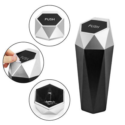 550ML Gold Car Trash Can with Automatic Rebound Lid & Diamond Design - Portable Waste Bin and Odour Proof Storage, Easy to Clean for Office Home Car Center Console