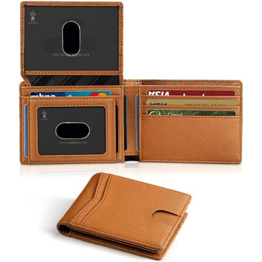 Brown Men's Vegan Leather Slim Trifold Wallet - RFID Blocking, Dual ID Windows & 15 Card Slots - Minimalist Gift for Business and Travel
