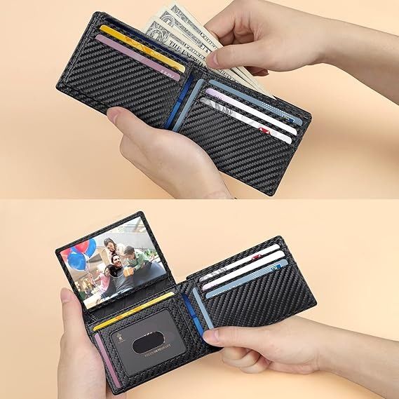 Brown Men's Vegan Leather Slim Trifold Wallet - RFID Blocking, Dual ID Windows & 15 Card Slots - Minimalist Gift for Business and Travel