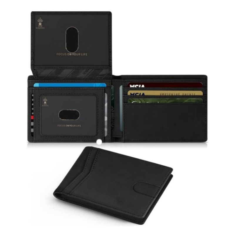 Black Men's Vegan Leather Slim Trifold Wallet - RFID Blocking, Dual ID Windows & 15 Card Slots - Minimalist Gift for Business and Travel