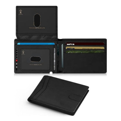 Black Men's Vegan Leather Slim Trifold Wallet - RFID Blocking, Dual ID Windows & 15 Card Slots - Minimalist Gift for Business and Travel