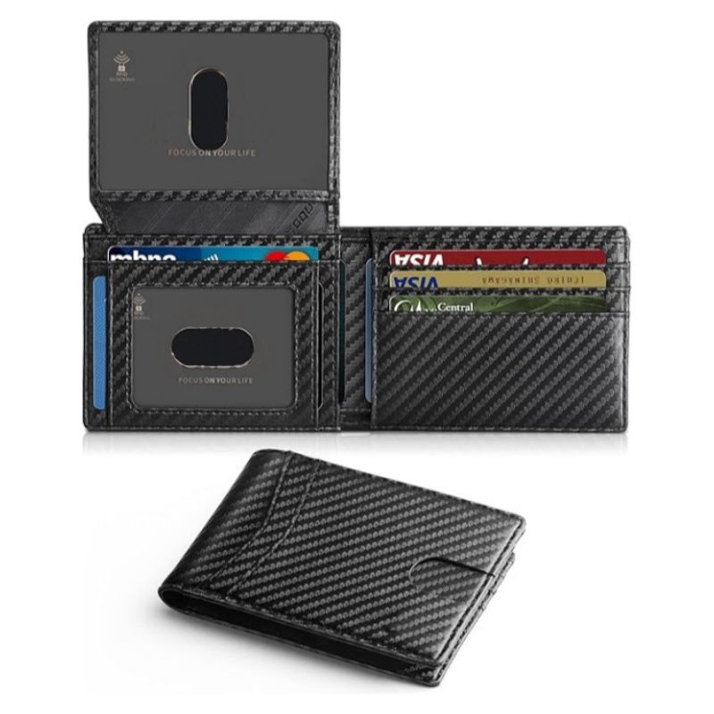 Black Men's Carbon Fiber Slim Trifold Wallet - RFID Blocking, Dual ID Windows & 15 Card Slots - Minimalist Gift for Business and Travel