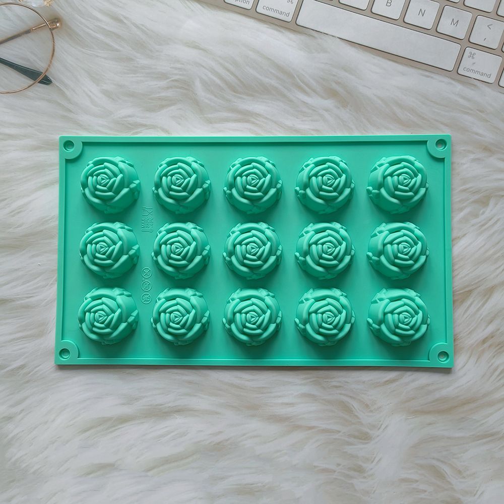2PCS Green 3D Rose Shaped Silicone Baking Mold (15 Cavity) - Non-Stick Cake Chocolates & Jelly Pan - Durable Flexible Easy Release for Holiday Desserts