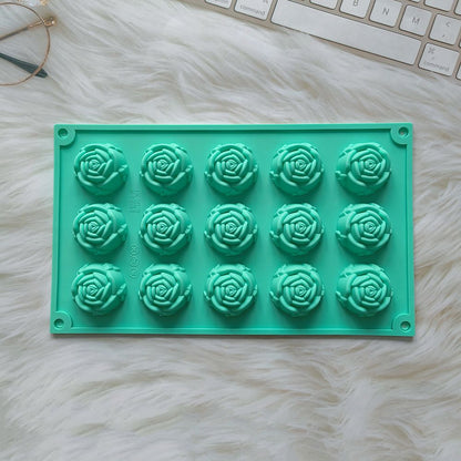 2PCS Green 3D Rose Shaped Silicone Baking Mold (15 Cavity) - Non-Stick Cake Chocolates & Jelly Pan - Durable Flexible Easy Release for Holiday Desserts