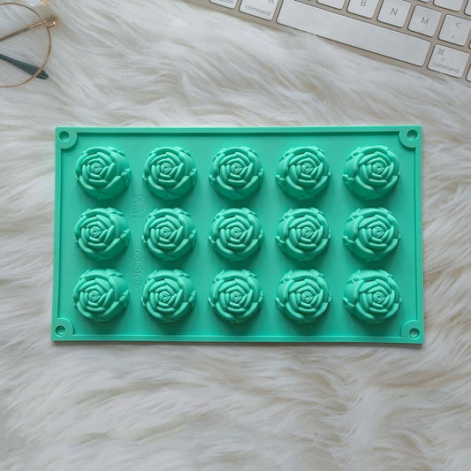 2PCS Green 3D Rose Shaped Silicone Baking Mold (15 Cavity) - Non-Stick Cake Chocolates & Jelly Pan - Durable Flexible Easy Release for Holiday Desserts