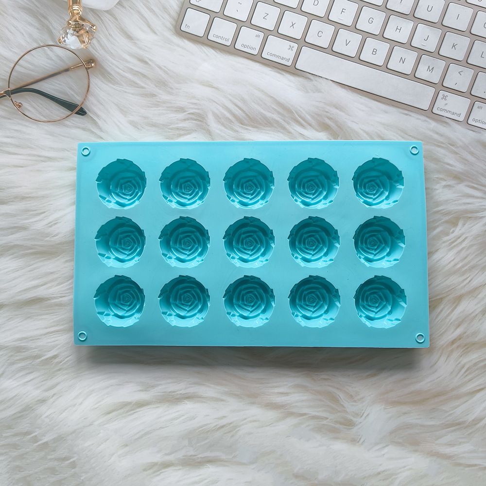 2PCS Blue 3D Rose Shaped Silicone Baking Mold (15 Cavity) - Non-Stick Cake Chocolates & Jelly Pan - Durable Flexible Easy Release for Holiday Desserts