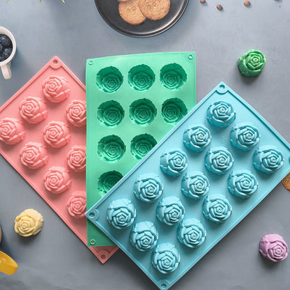 3PCS 3D Rose Shaped Silicone Baking Mold (15 Cavity, Pink + Blue + Green) - Non-Stick Cake Chocolates & Jelly Pan - Durable Flexible Easy Release for Holiday Desserts