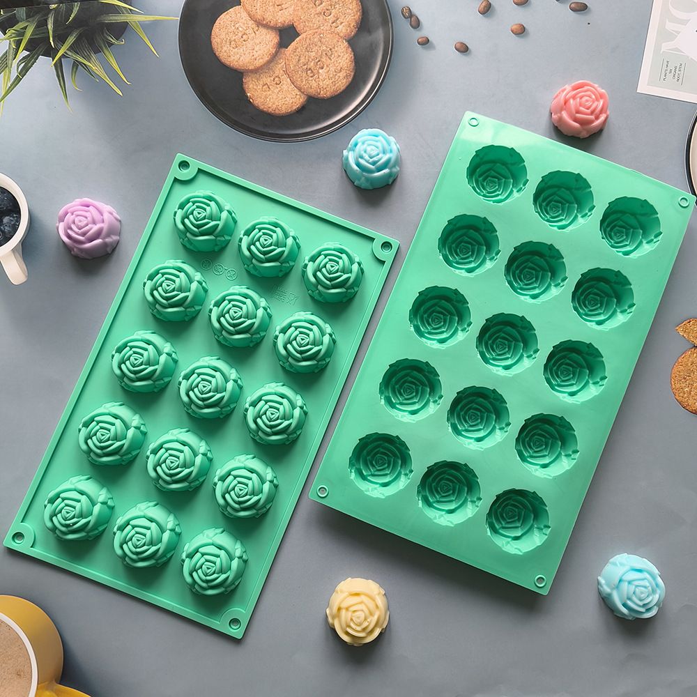 3PCS 3D Rose Shaped Silicone Baking Mold (15 Cavity, Pink + Blue + Green) - Non-Stick Cake Chocolates & Jelly Pan - Durable Flexible Easy Release for Holiday Desserts