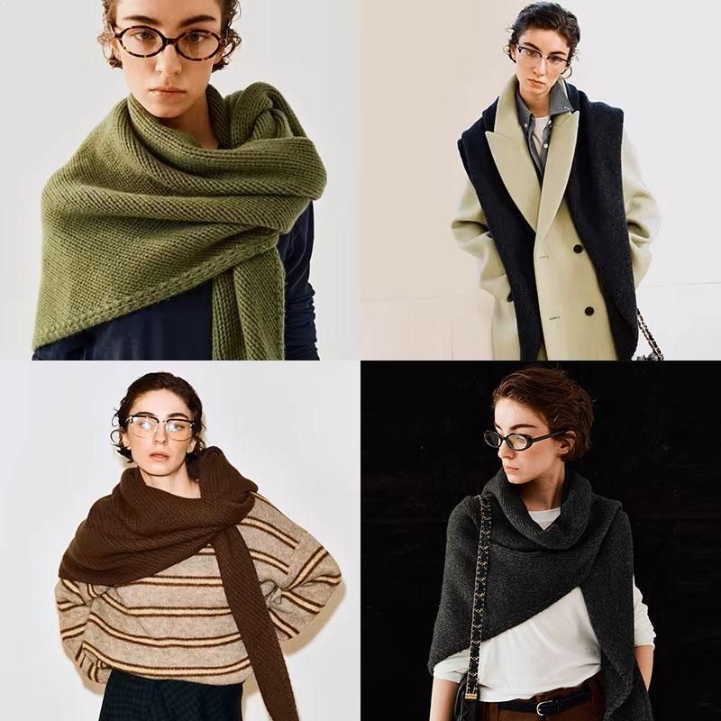 Green Retro Wool Blend 190x70cm Knitted Triangle Scarf - Multifunction Warm Shawl Wrap with Elegant Minimalist Design for Fall Winter Versatile Styling