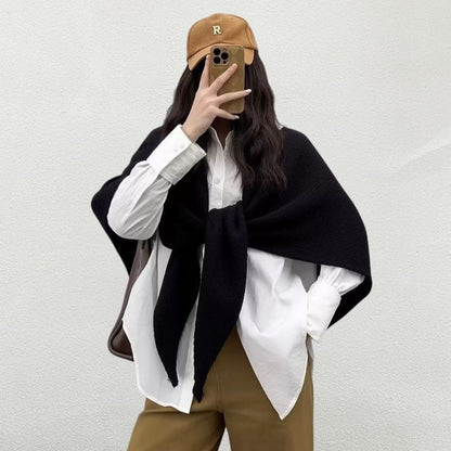 Black Retro Wool Blend 190x70cm Knitted Triangle Scarf - Multifunction Warm Shawl Wrap with Elegant Minimalist Design for Fall Winter Versatile Styling