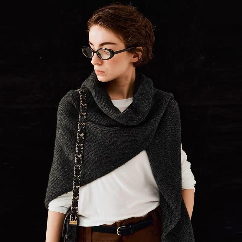 Dark Grey Retro Wool Blend 190x70cm Knitted Triangle Scarf - Multifunction Warm Shawl Wrap with Elegant Minimalist Design for Fall Winter Versatile Styling