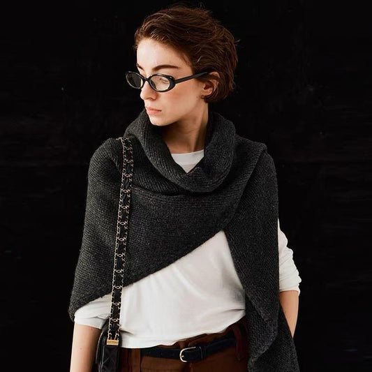 Dark Grey Retro Wool Blend 190x70cm Knitted Triangle Scarf - Multifunction Warm Shawl Wrap with Elegant Minimalist Design for Fall Winter Versatile Styling