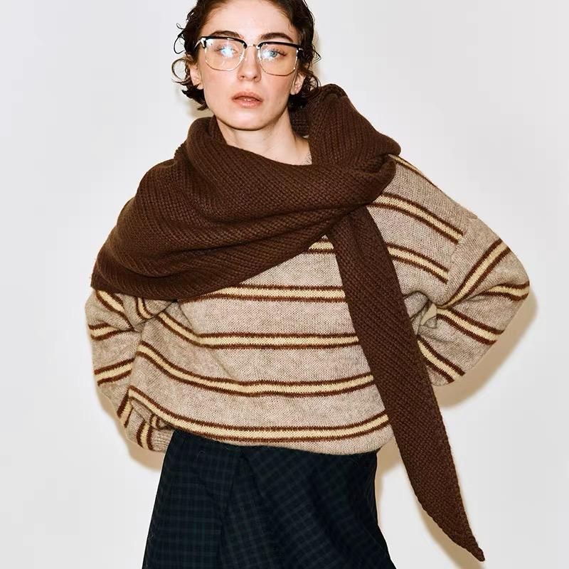 Brown Retro Wool Blend 190x70cm Knitted Triangle Scarf - Multifunction Warm Shawl Wrap with Elegant Minimalist Design for Fall Winter Versatile Styling
