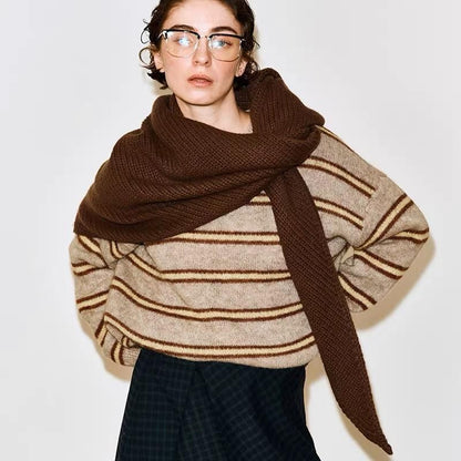 Brown Retro Wool Blend 190x70cm Knitted Triangle Scarf - Multifunction Warm Shawl Wrap with Elegant Minimalist Design for Fall Winter Versatile Styling