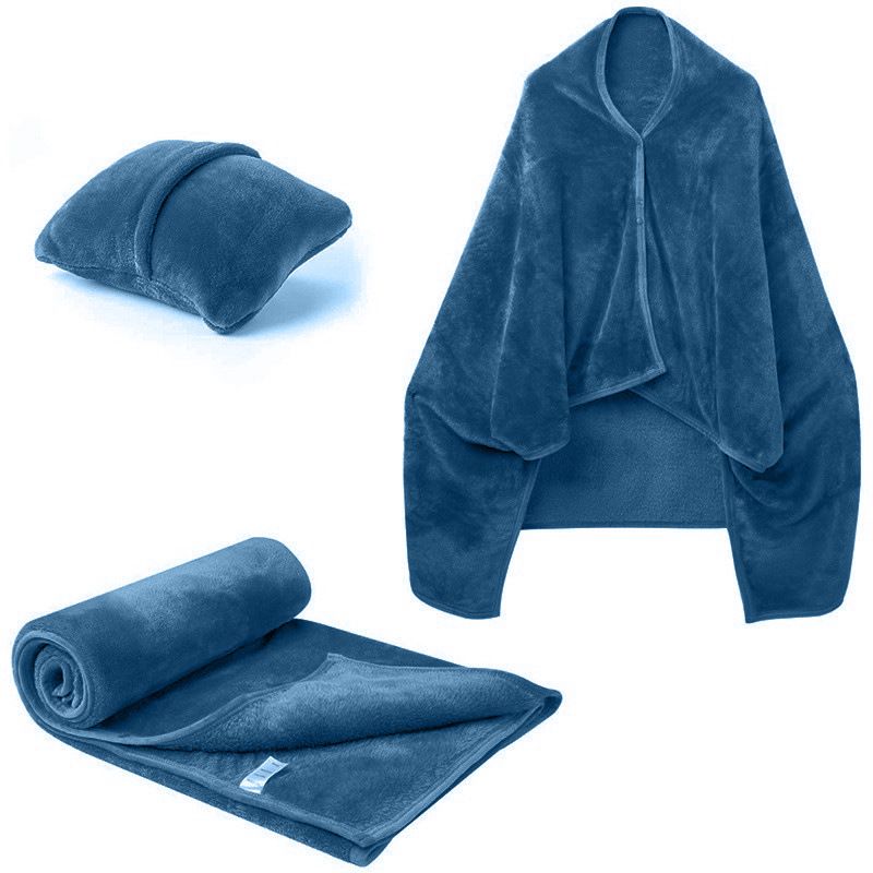 3-in-1 Portable Travel Blanket / Pillow / Wearable Shawl with Snap & Envelope Folding Design - 230GSM Soft Flannel Thickened Nap Blanket for Airplane Office Home, Space Saving & Machine Washable, Blue 40 x 60 inch