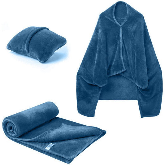 3-in-1 Portable Travel Blanket / Pillow / Wearable Shawl with Snap & Envelope Folding Design - 230GSM Soft Flannel Thickened Nap Blanket for Airplane Office Home, Space Saving & Machine Washable, Blue 40 x 60 inch