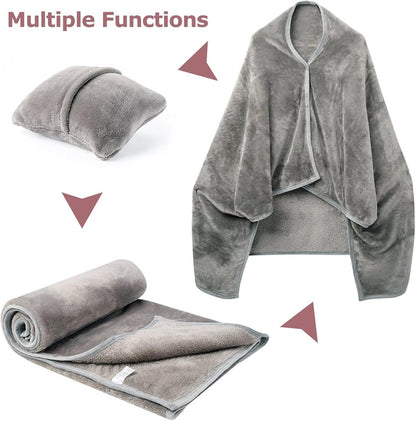 3-in-1 Portable Travel Blanket / Pillow / Wearable Shawl with Snap & Envelope Folding Design - 230GSM Soft Flannel Thickened Nap Blanket for Airplane Office Home, Space Saving & Machine Washable, Black 40 x 60 inch