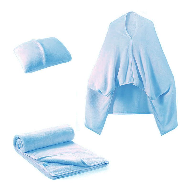 3-in-1 Portable Travel Blanket / Pillow / Wearable Shawl with Snap & Envelope Folding Design - 230GSM Soft Flannel Thickened Nap Blanket for Airplane Office Home, Space Saving & Machine Washable, Light Blue 40 x 60 inch