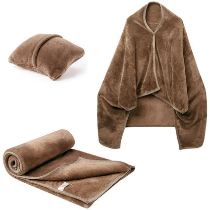 3-in-1 Portable Travel Blanket / Pillow / Wearable Shawl with Snap & Envelope Folding Design - 230GSM Soft Flannel Thickened Nap Blanket for Airplane Office Home, Space Saving & Machine Washable, Coffee 60 x 70 inch