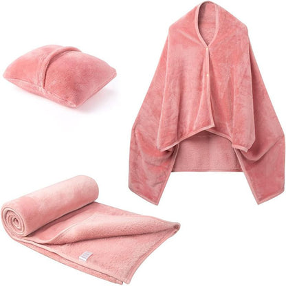 3-in-1 Portable Travel Blanket / Pillow / Wearable Shawl with Snap & Envelope Folding Design - 230GSM Soft Flannel Thickened Nap Blanket for Airplane Office Home, Space Saving & Machine Washable, Pink 60 x 70 inch