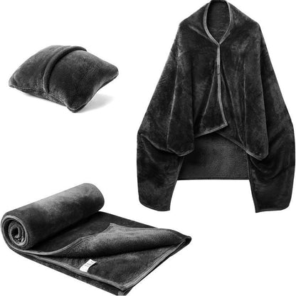 3-in-1 Portable Travel Blanket / Pillow / Wearable Shawl with Snap & Envelope Folding Design - 230GSM Soft Flannel Thickened Nap Blanket for Airplane Office Home, Space Saving & Machine Washable, Black 60 x 70 inch