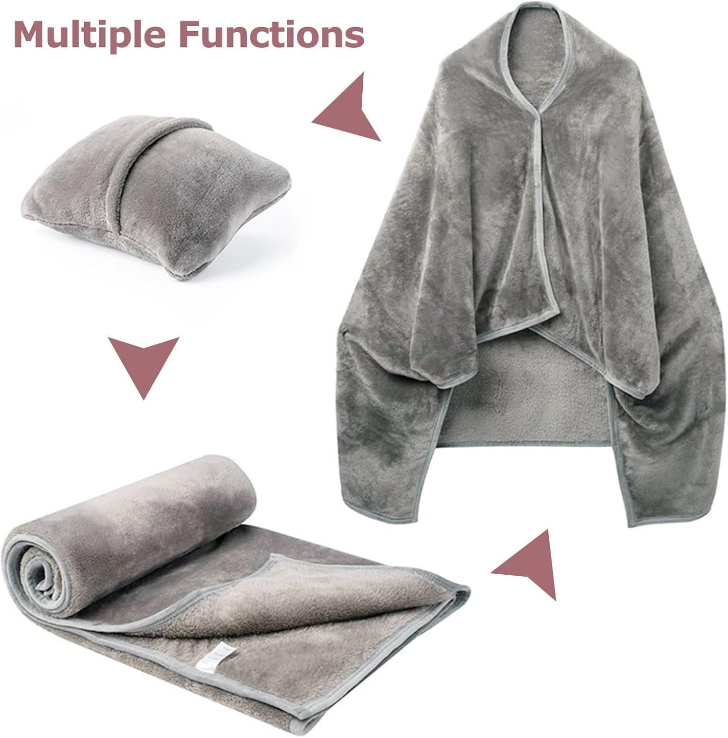 3-in-1 Portable Travel Blanket / Pillow / Wearable Shawl with Snap & Envelope Folding Design - 230GSM Soft Flannel Thickened Nap Blanket for Airplane Office Home, Space Saving & Machine Washable, Light Blue 60 x 70 inch