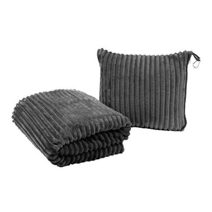 2-in-1 Dark Grey Soft Ribbed Flannel Travel Blanket / Folding Zipper Pillow with Luggage Strap & Hook - 40x60 Inch Portable Dual-Layer Fleece Nap Blanket for Airplane Travel Office Camping