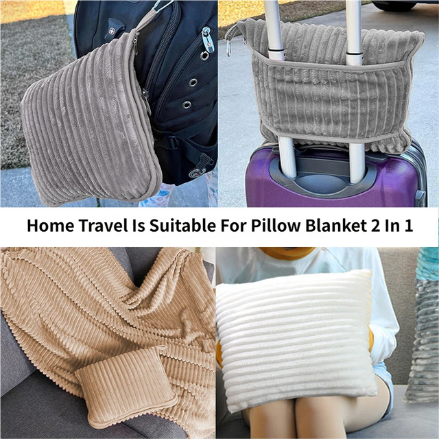 2-in-1 Dark Grey Soft Ribbed Flannel Travel Blanket / Folding Zipper Pillow with Luggage Strap & Hook - 40x60 Inch Portable Dual-Layer Fleece Nap Blanket for Airplane Travel Office Camping