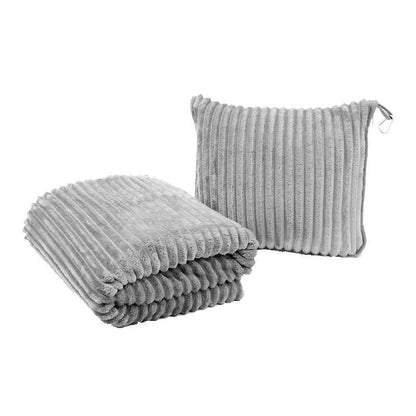 2-in-1 Light Grey Soft Ribbed Flannel Travel Blanket / Folding Zipper Pillow with Luggage Strap & Hook - 40x60 Inch Portable Dual-Layer Fleece Nap Blanket for Airplane Travel Office Camping