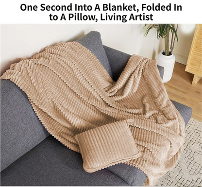 2-in-1 Light Grey Soft Ribbed Flannel Travel Blanket / Folding Zipper Pillow with Luggage Strap & Hook - 40x60 Inch Portable Dual-Layer Fleece Nap Blanket for Airplane Travel Office Camping
