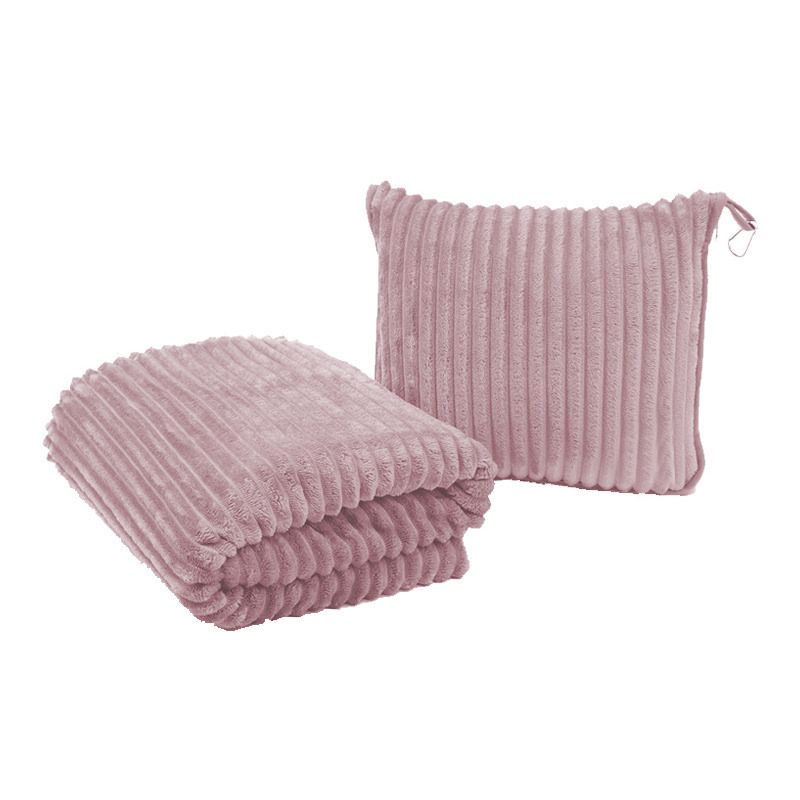 2-in-1 Pink Soft Ribbed Flannel Travel Blanket / Folding Zipper Pillow with Luggage Strap & Hook - 40x60 Inch Portable Dual-Layer Fleece Nap Blanket for Airplane Travel Office Camping