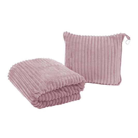 2-in-1 Pink Soft Ribbed Flannel Travel Blanket / Folding Zipper Pillow with Luggage Strap & Hook - 40x60 Inch Portable Dual-Layer Fleece Nap Blanket for Airplane Travel Office Camping