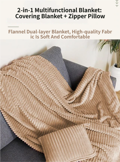2-in-1 Pink Soft Ribbed Flannel Travel Blanket / Folding Zipper Pillow with Luggage Strap & Hook - 40x60 Inch Portable Dual-Layer Fleece Nap Blanket for Airplane Travel Office Camping