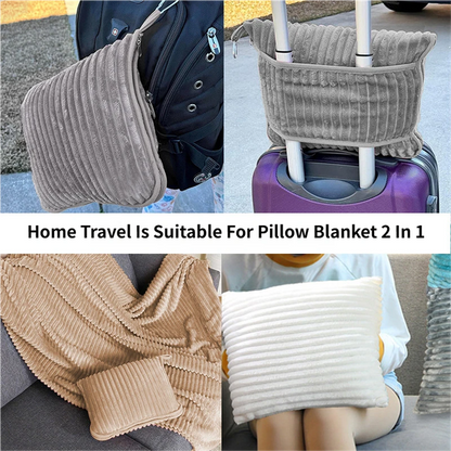 2-in-1 Pink Soft Ribbed Flannel Travel Blanket / Folding Zipper Pillow with Luggage Strap & Hook - 40x60 Inch Portable Dual-Layer Fleece Nap Blanket for Airplane Travel Office Camping