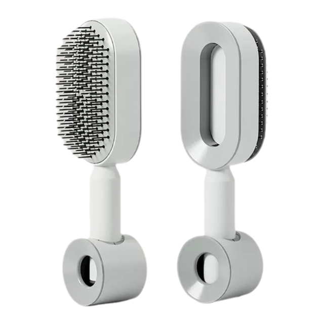 White 3D Airbag Massage Self Cleaning Hair Brush with Base - for Long Hair - One-Click Easy Hair Removal - Scalp Soothing Detangler for Professional Home Hair Care
