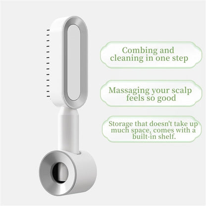White 3D Airbag Massage Self Cleaning Hair Brush with Base - for Long Hair - One-Click Easy Hair Removal - Scalp Soothing Detangler for Professional Home Hair Care