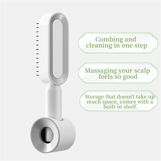 White 3D Airbag Massage Self Cleaning Hair Brush with Base - for Long Hair - One-Click Easy Hair Removal - Scalp Soothing Detangler for Professional Home Hair Care