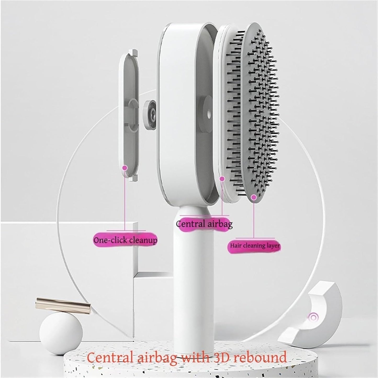 White 3D Airbag Massage Self Cleaning Hair Brush with Base - for Long Hair - One-Click Easy Hair Removal - Scalp Soothing Detangler for Professional Home Hair Care