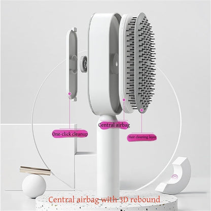 White 3D Airbag Massage Self Cleaning Hair Brush with Base - for Long Hair - One-Click Easy Hair Removal - Scalp Soothing Detangler for Professional Home Hair Care