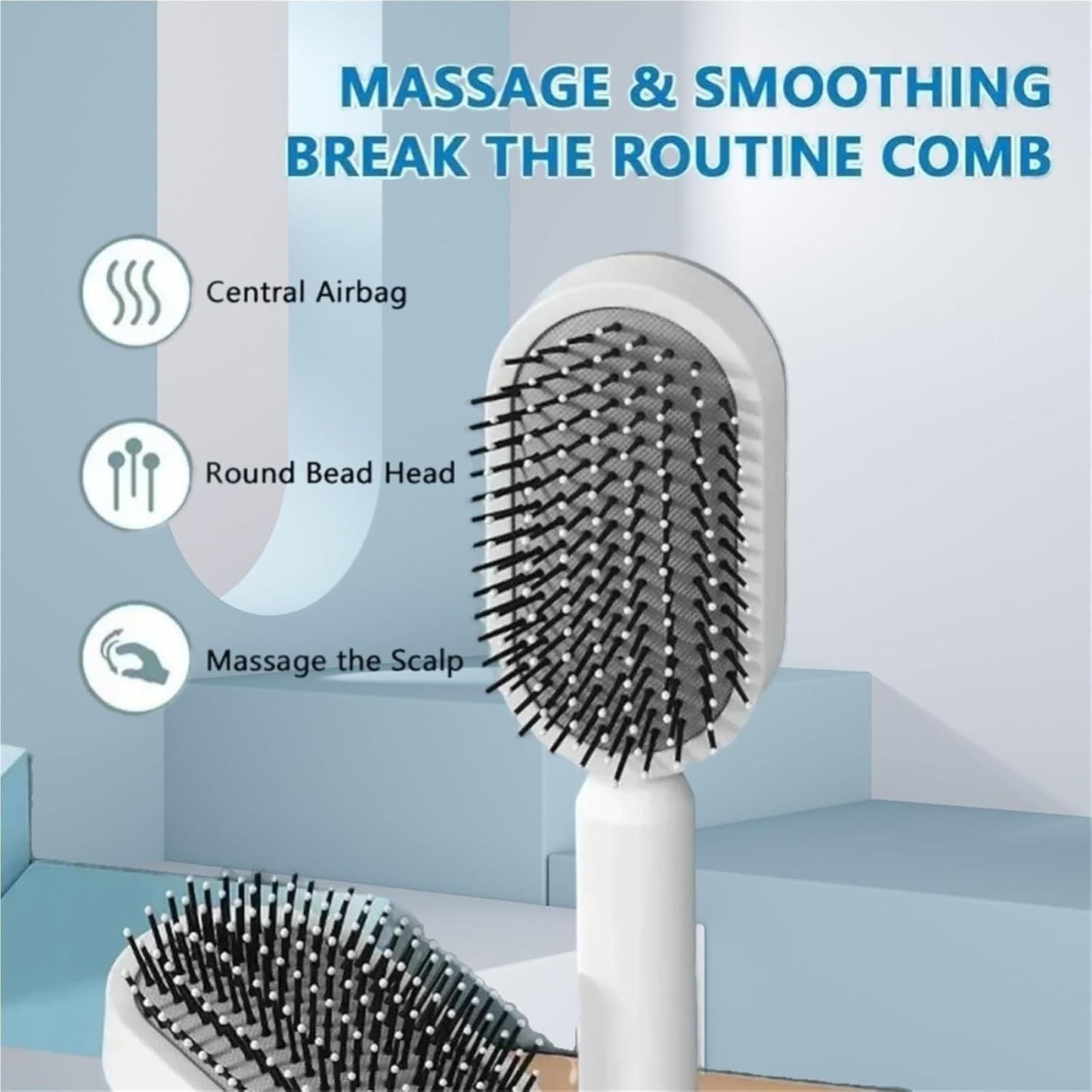 White 3D Airbag Massage Self Cleaning Hair Brush with Base - for Long Hair - One-Click Easy Hair Removal - Scalp Soothing Detangler for Professional Home Hair Care