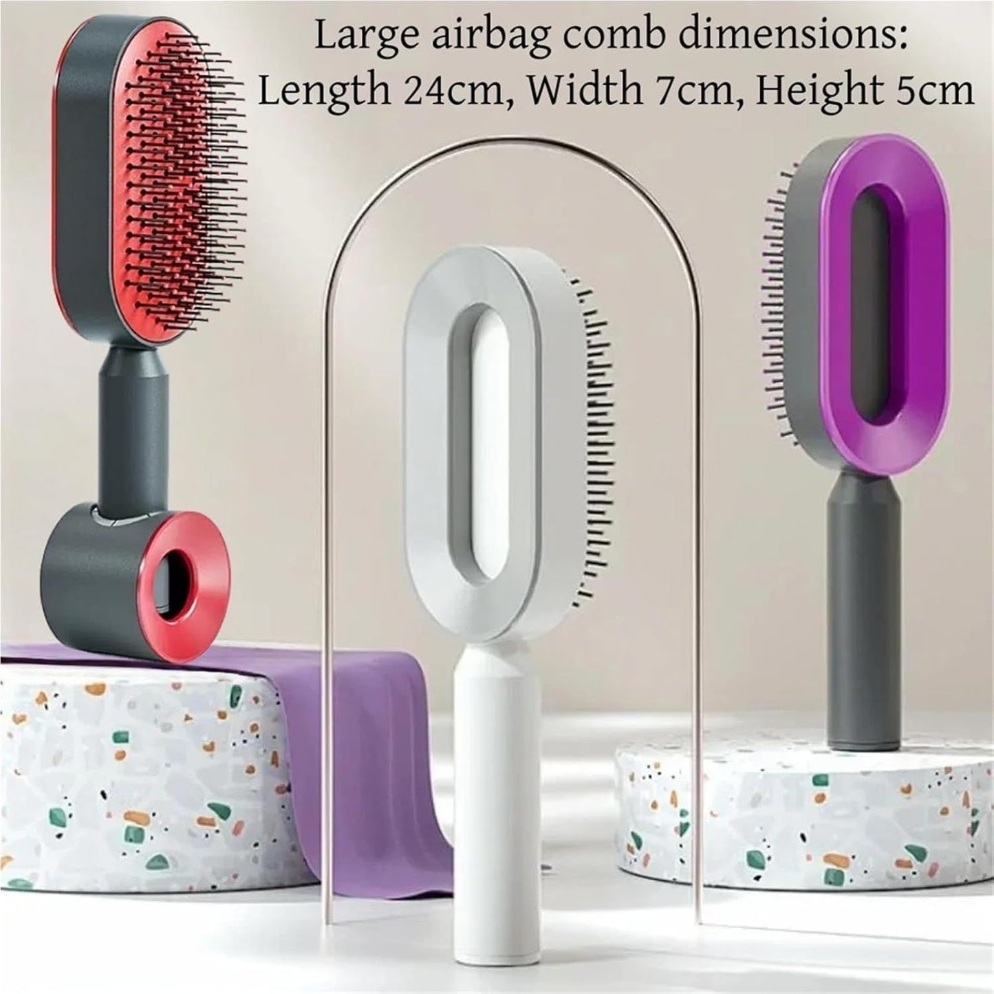 White 3D Airbag Massage Self Cleaning Hair Brush with Base - for Long Hair - One-Click Easy Hair Removal - Scalp Soothing Detangler for Professional Home Hair Care