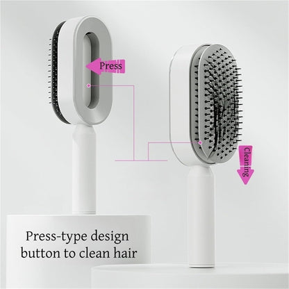 Black and Purple 3D Airbag Massage Self Cleaning Hair Brush with Base - for Long Hair - One-Click Easy Hair Removal - Scalp Soothing Detangler for Professional Home Hair Care