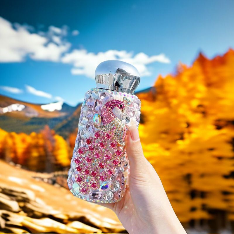 Pink Peacock Pattern Handmade Luxury Diamond Insulated Water Bottle – Bling Rhinestone 304 Stainless Steel Pocket Mug (260ml)