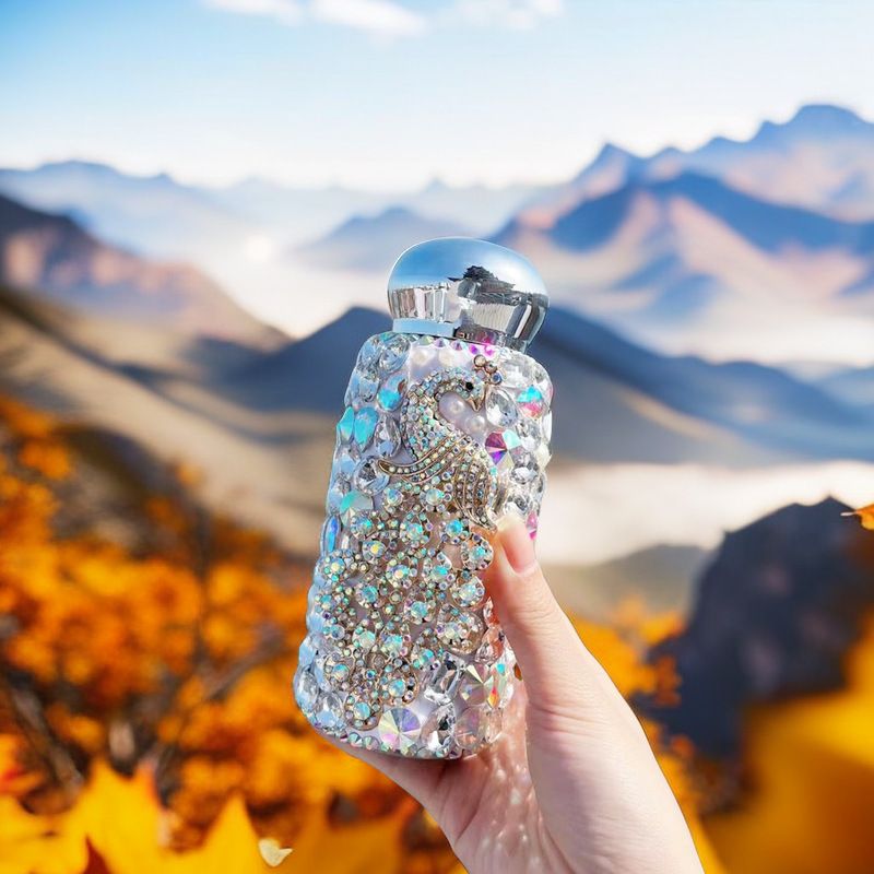 White Peacock Pattern Handmade Luxury Diamond Insulated Water Bottle – Bling Rhinestone 304 Stainless Steel Pocket Mug (260ml)