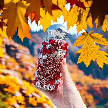 Red Peacock Pattern Handmade Luxury Diamond Insulated Water Bottle – Bling Rhinestone 304 Stainless Steel Pocket Mug (260ml)