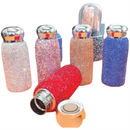 Red Peacock Pattern Handmade Luxury Diamond Insulated Water Bottle – Bling Rhinestone 304 Stainless Steel Pocket Mug (260ml)